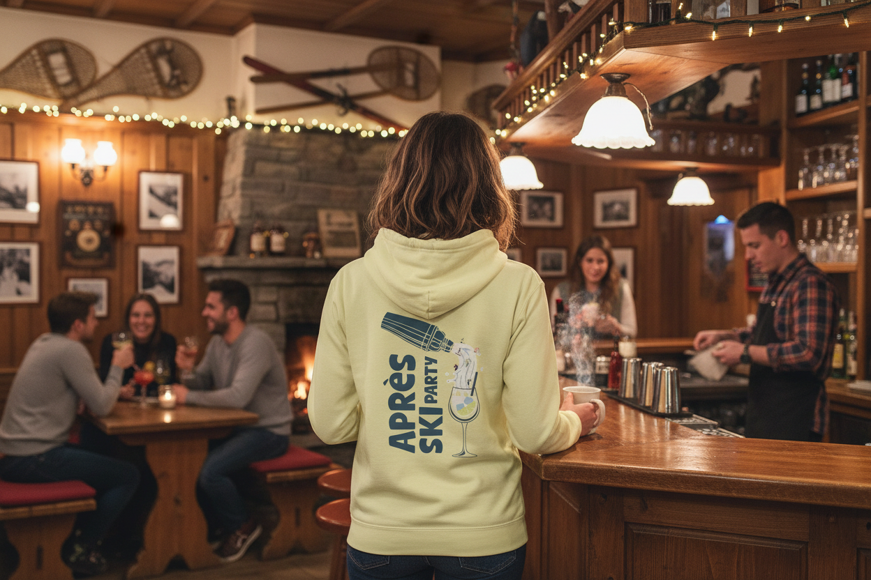 Après-ski bar scene with hoodie