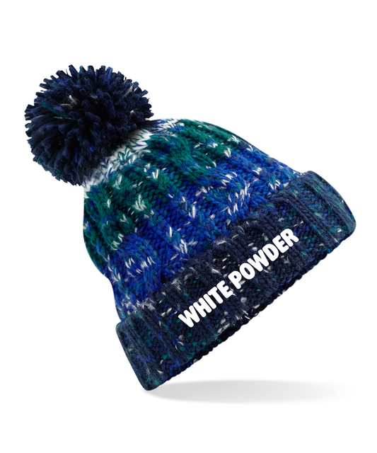"Alpine Blues" Corkscrew pom pom beanie