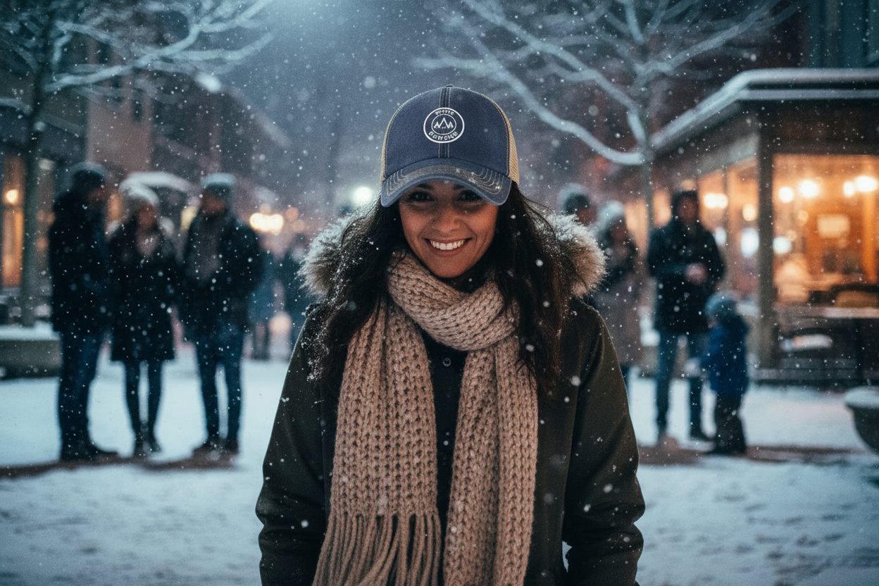 Close-up of lady in trucker cap in night snow scene