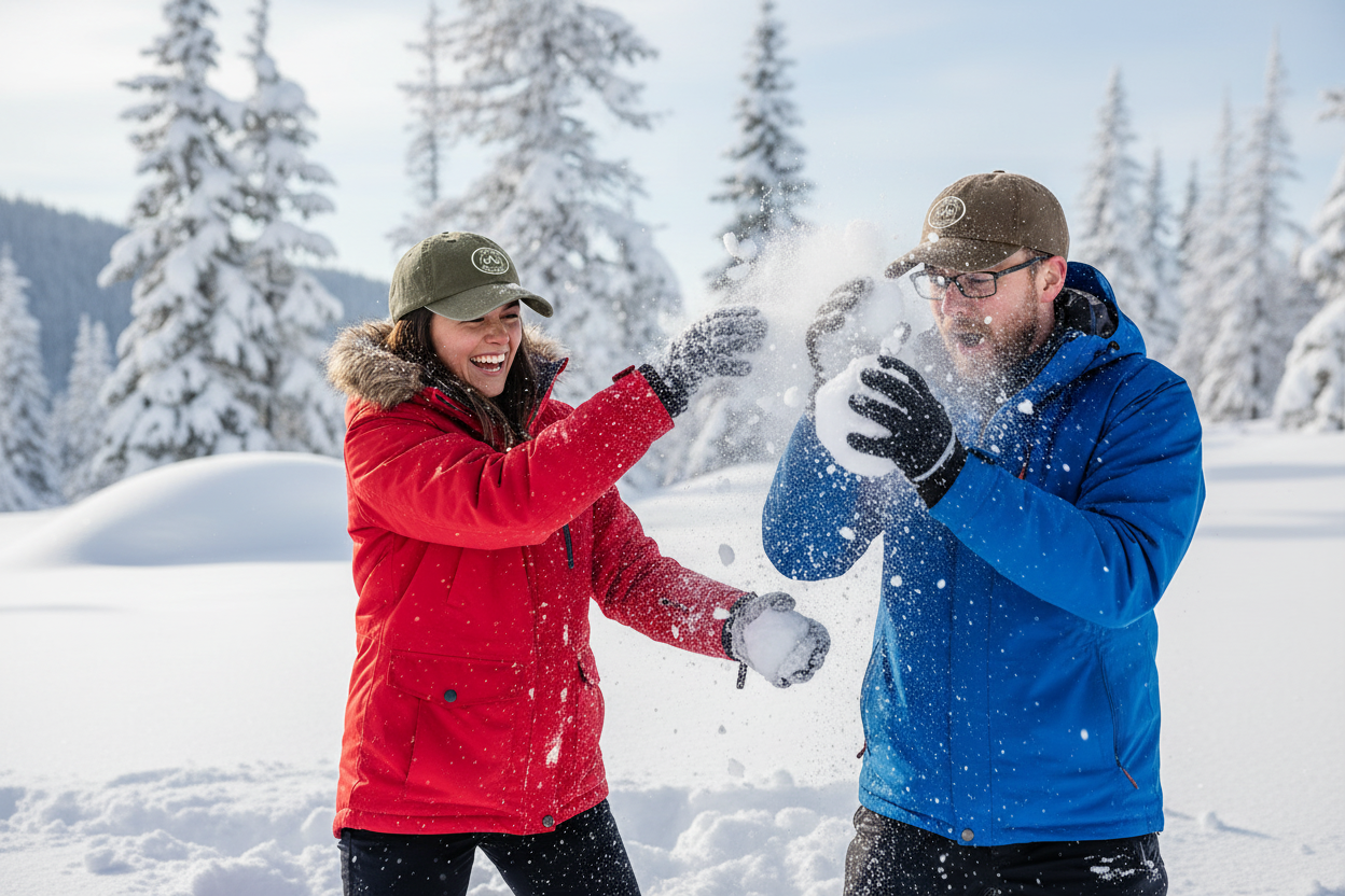 Couple having snowball fight wearing caps