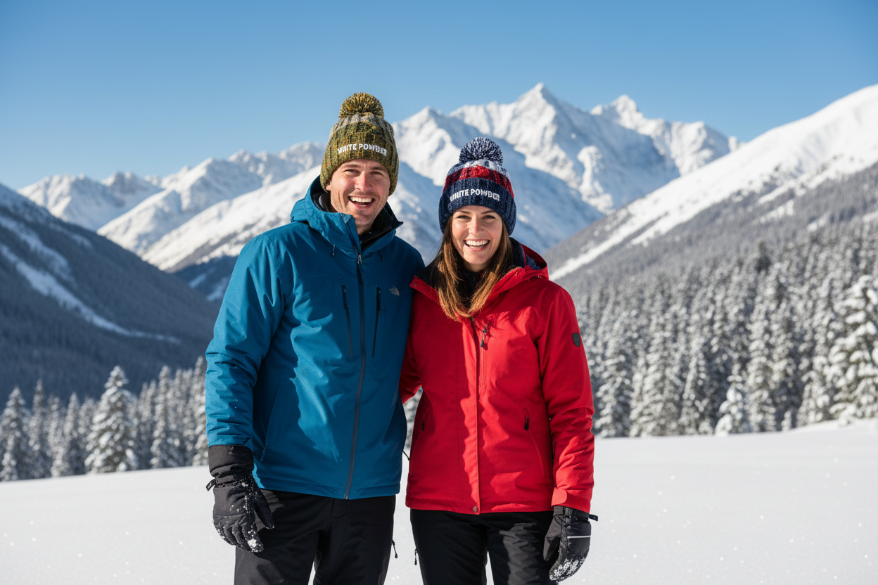 Couple in winter wearing autumn moss and arctic dawn beanies