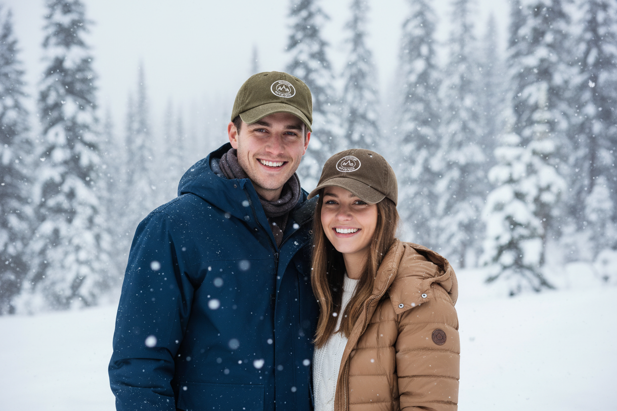 Couple standing together wearing olive and brown caps