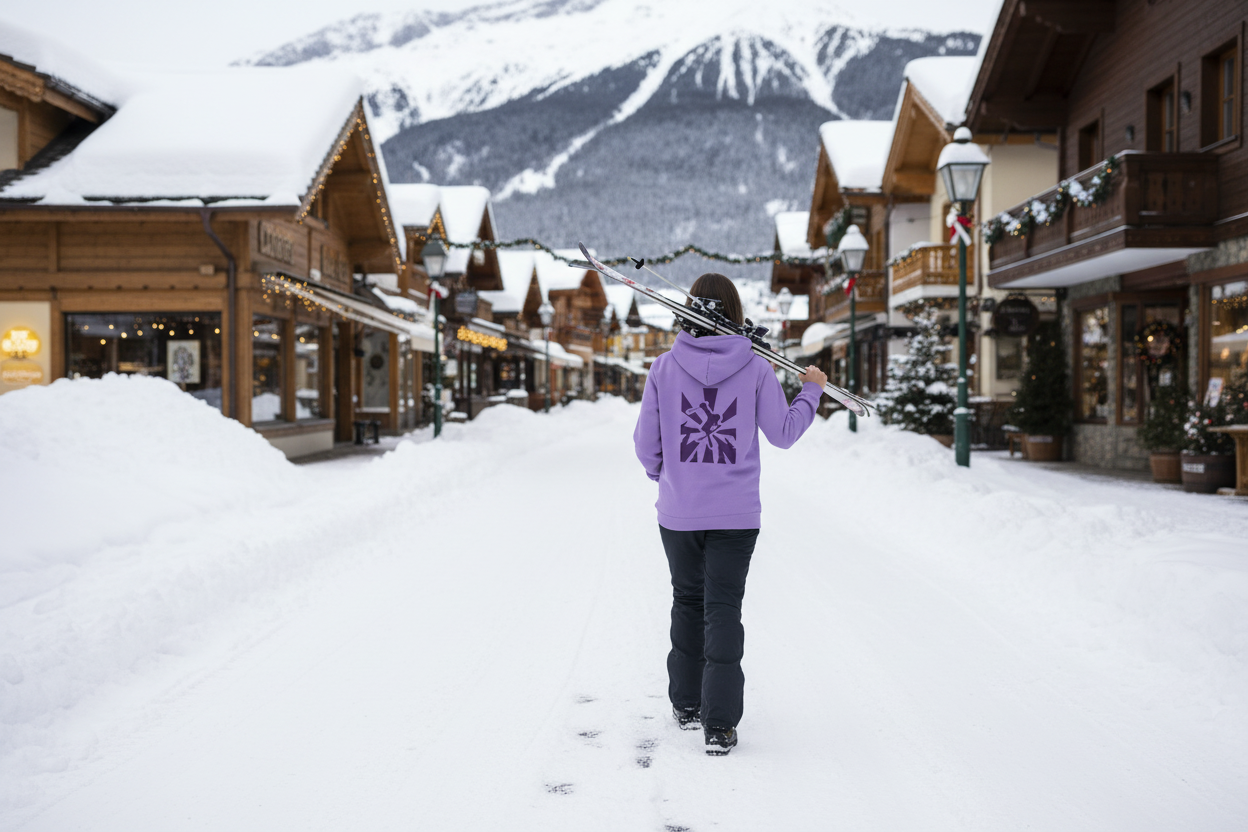 Female skier carrying skis in lavender White Powder hoodie