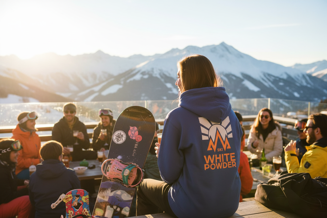 Female snowboarder in blue White Powder hoodie at après-ski