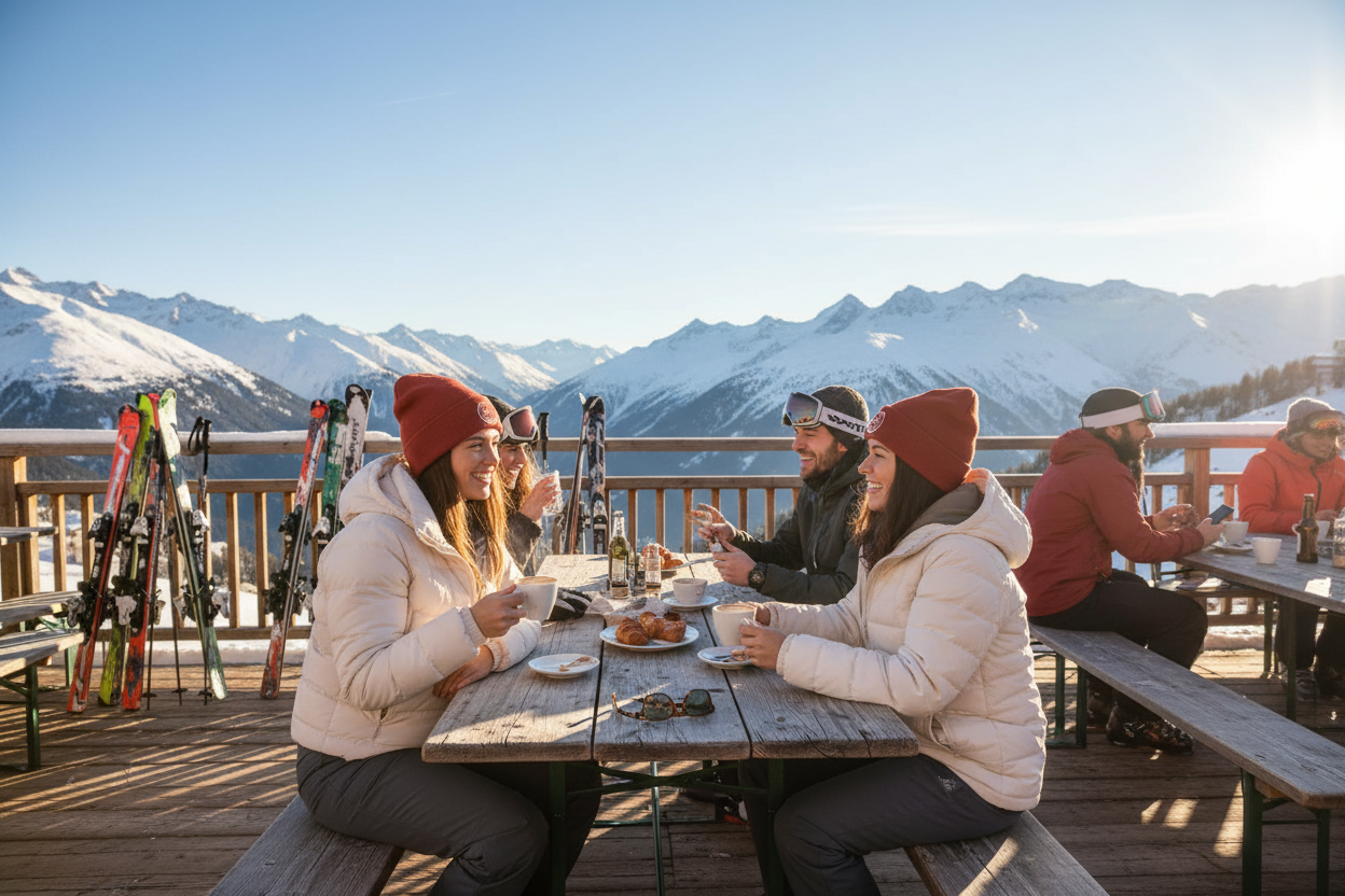 Lady having coffee with friends at ski terrace