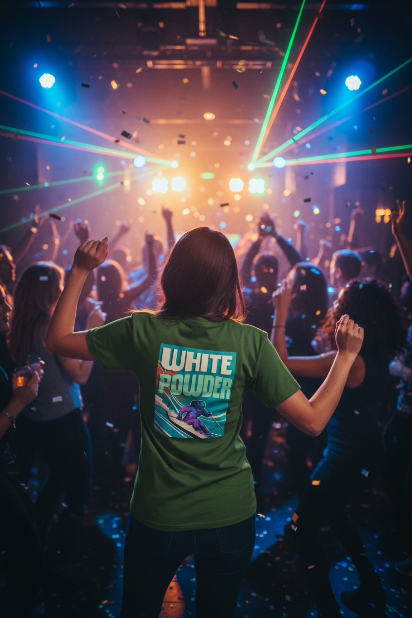 Lady in nightclub wearing green t-shirt