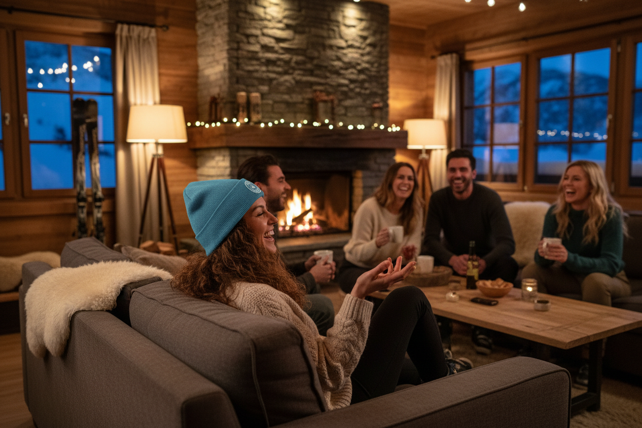 Lady lounging in ski lodge wearing air force blue beanie