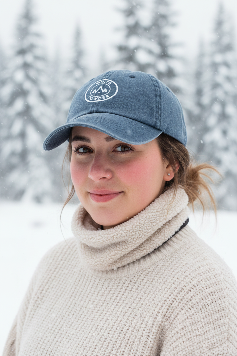 Lady wearing denim cap in winter scene