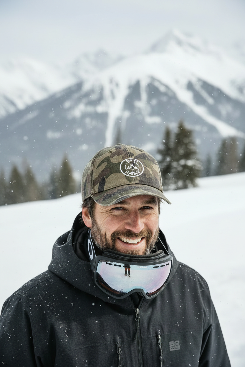 Male skier wearing camo cap without goggles