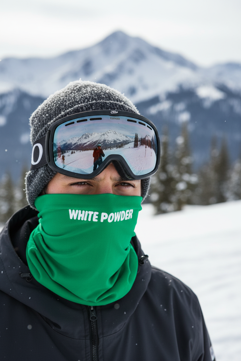 Male snowboarder wearing green neck warmer