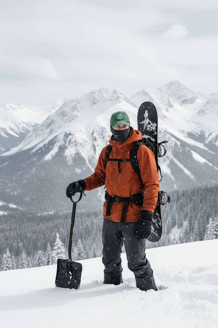 Male snowboarder with bottle green cap and shovel