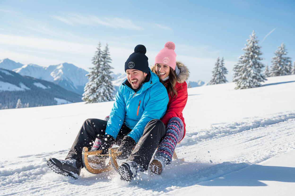 Man and lady sledging with bobble hats