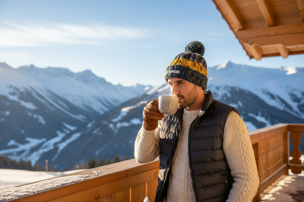 Man in morning frost beanie drinking coffee on chalet balcony