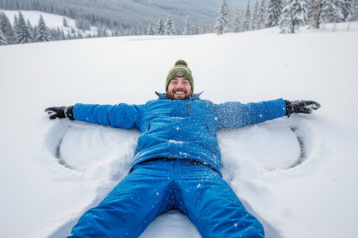 Man in moss green bobble hat making snow angel