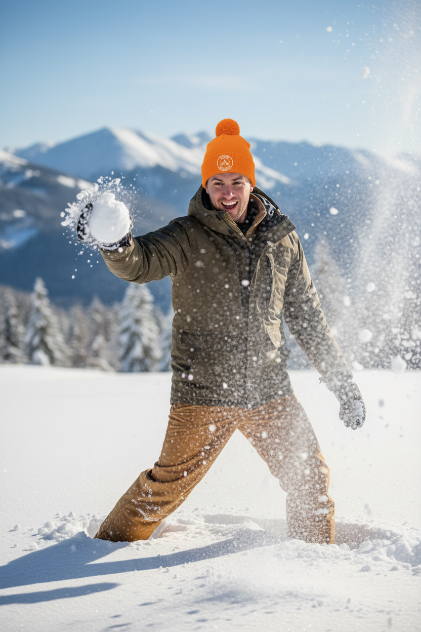 Man in orange bobble hat throwing snowballs