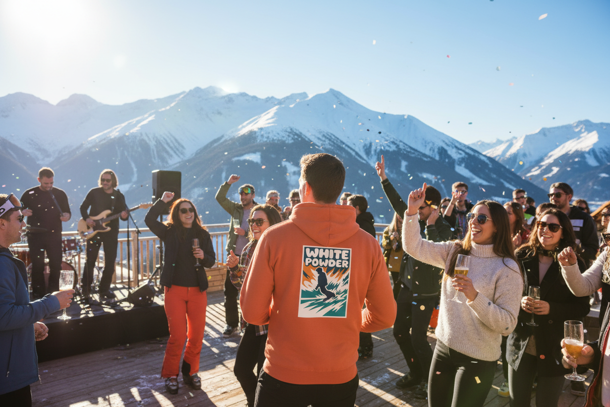 Man in orange White Powder hoodie at après-ski terrace with music