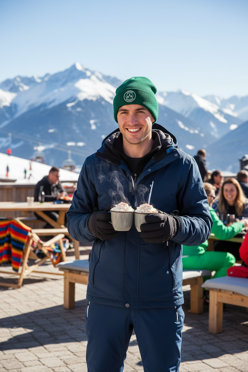 Man in ski wear carrying two drinks