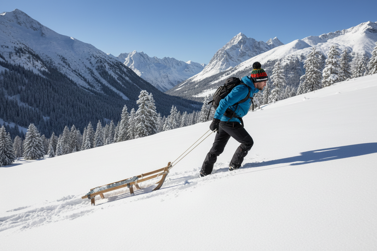 Man pulling sledge in crackling campfire beanie