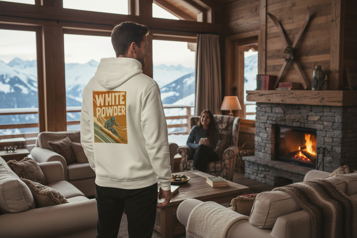 Man standing in ski chalet wearing White Powder hoodie