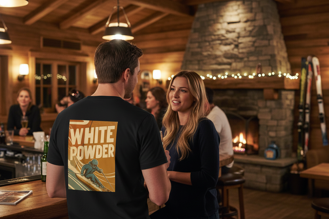 Man wearing black White Powder t-shirt from behind talking to woman at bar
