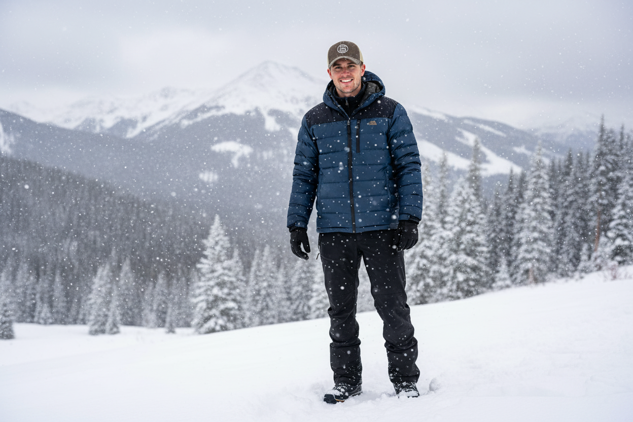 Man wearing trucker cap backwards in snow scene
