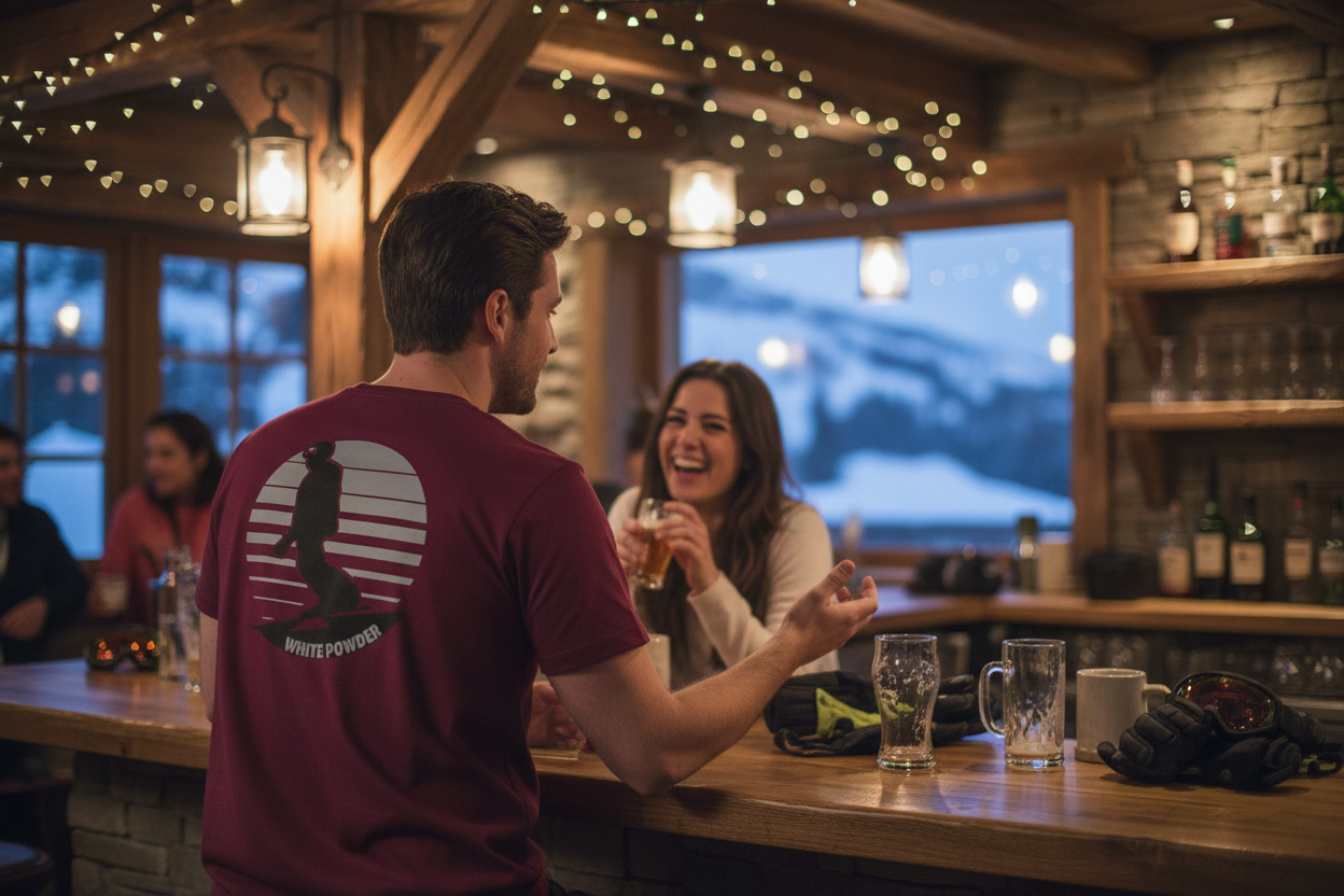 Man wearing White Powder t-shirt from behind talking to woman at bar