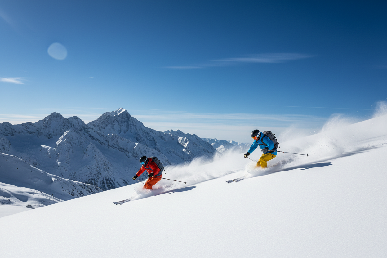 skiers in fresh powder snow with blue sky and mountains