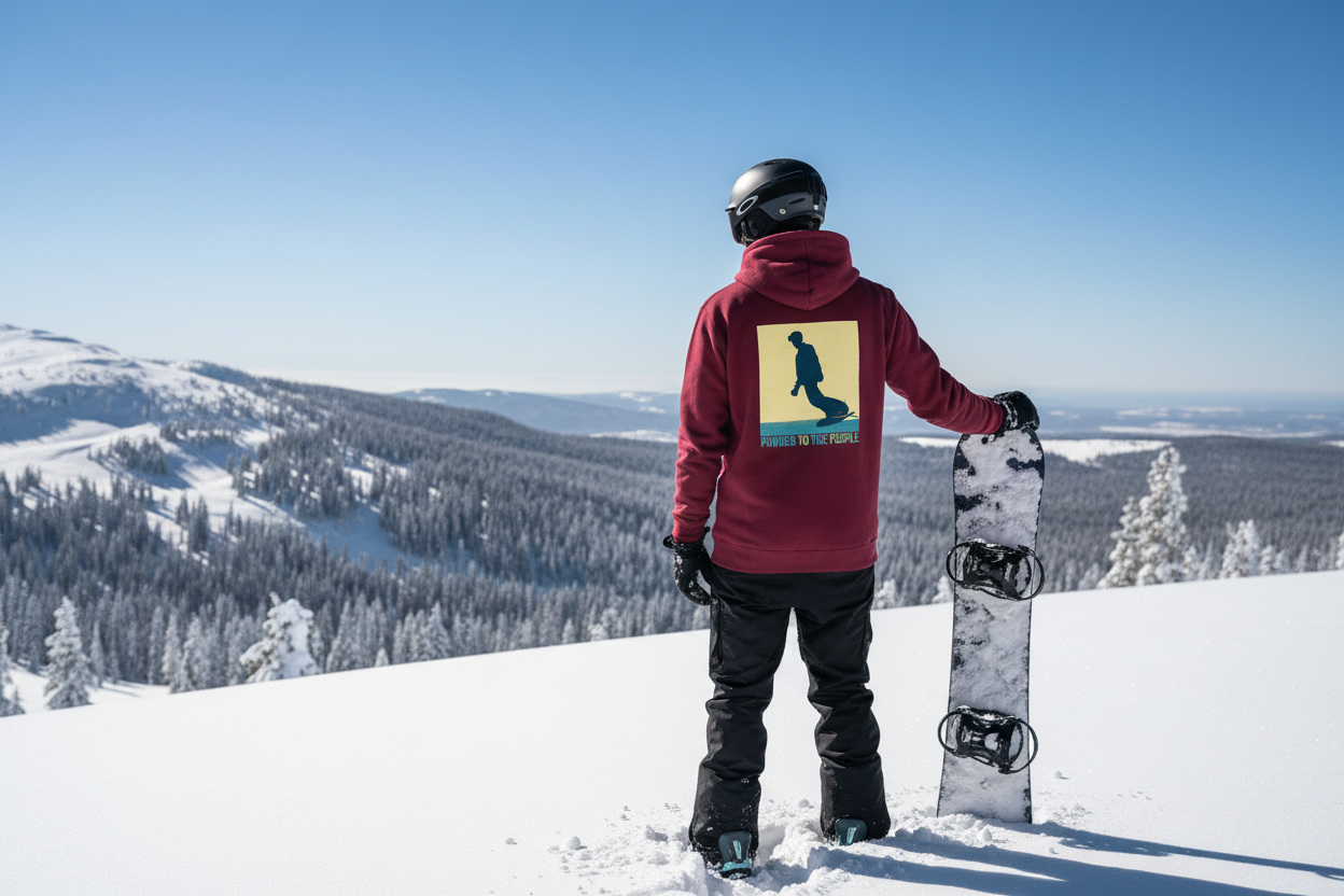 Snowboarder in helmet wearing burgundy White Powder hoodie