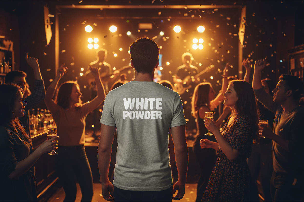 Social media banner with heather grey White Powder t-shirt at lively music bar