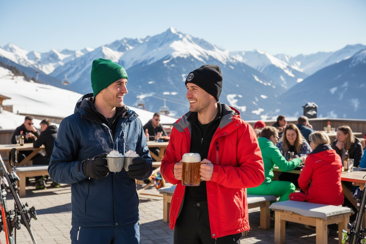 Two men in ski wear with beanies carrying drinks