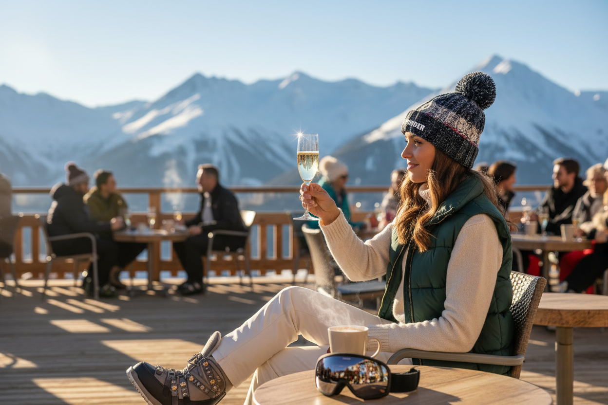 Woman in arctic dawn beanie with champagne on après-ski terrace