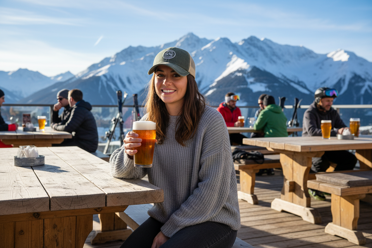 Woman in trucker cap on ski terrace