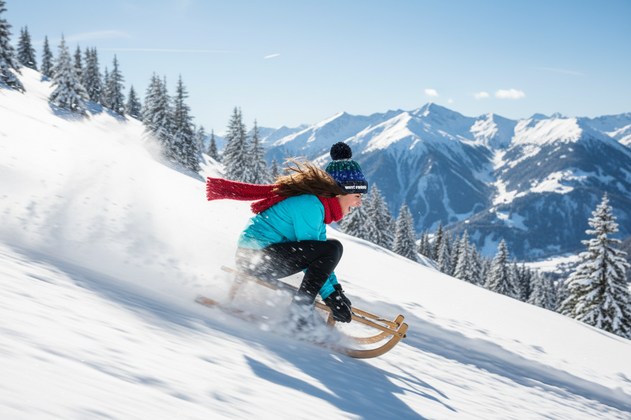 Woman sledging downhill in alpine blue beanie