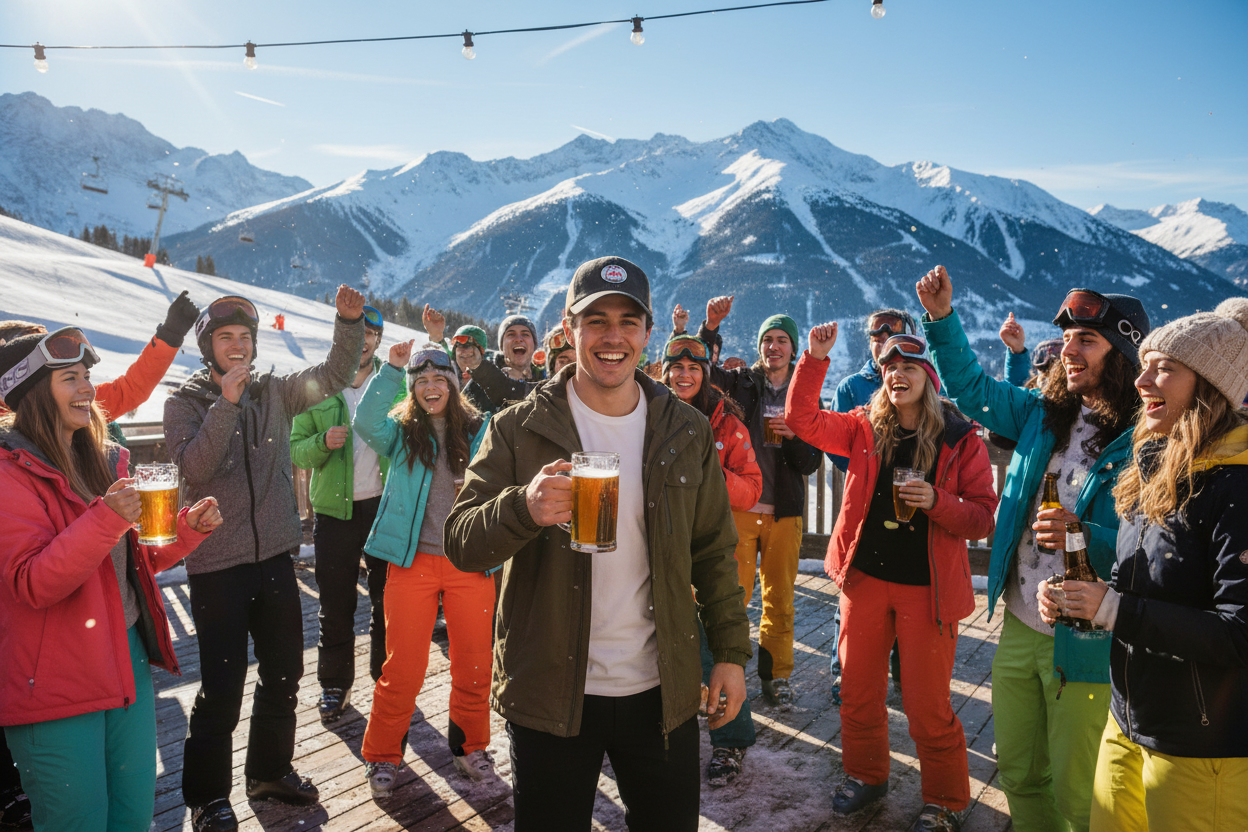 Young man at ski terrace party wearing trucker cap